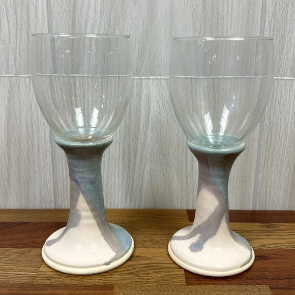 Pottery Stem Wine Glasses Set Ceramic Unique Artsy Goblet MCM Blue Purple - Picture 2 of 5